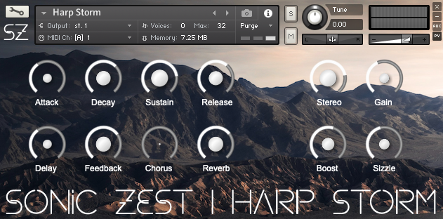 Harp Storm – orchestral pedal harp Kontakt sample library GUI